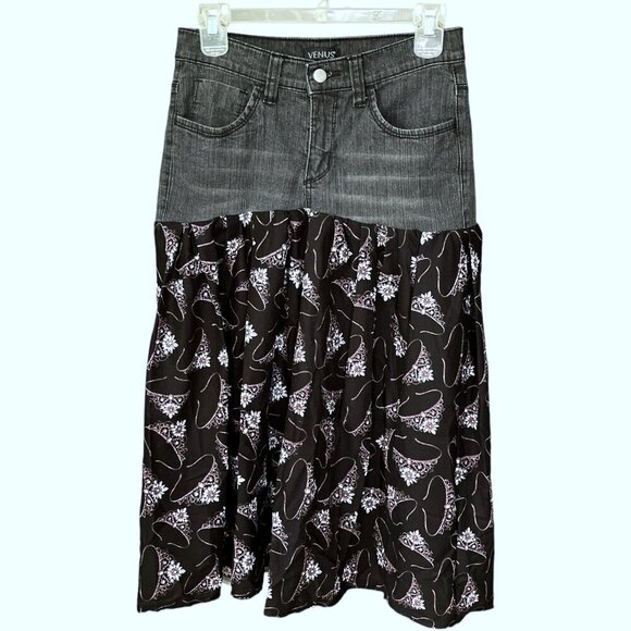 Venus Upcycled Denim Jean Skirt Size 2 Midi Black Tiara Print OOAK Princess - Picture 1 of 11